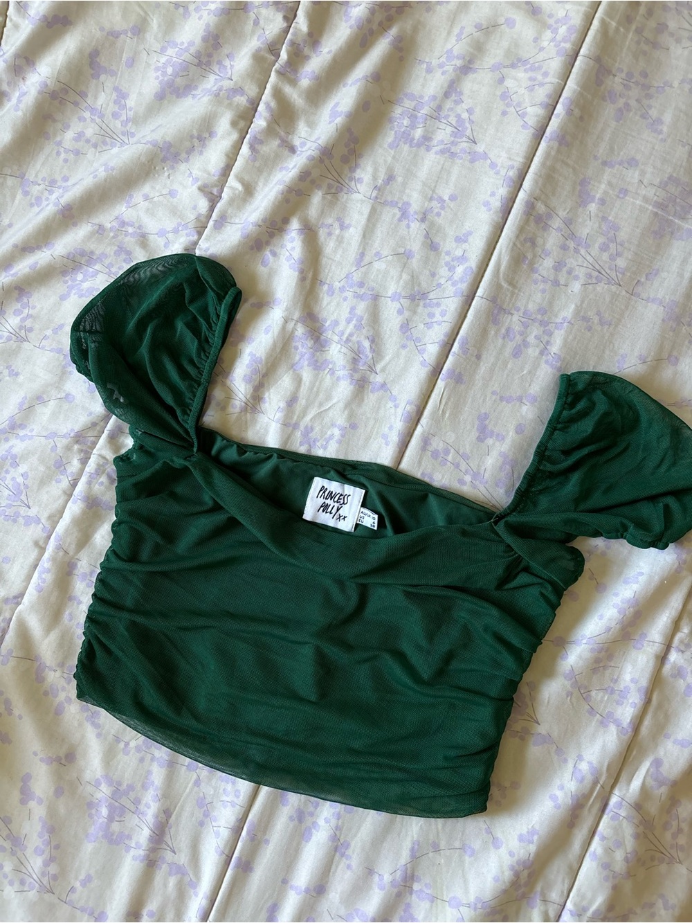 Princess Polly Dark Green Puff Sleeve Ruched Crop Top